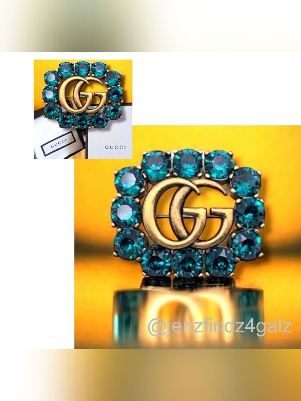 NWOT Authentic Gucci GG Marmont Crystal Brooch Aged Gold Green Emerald 💚 Rare